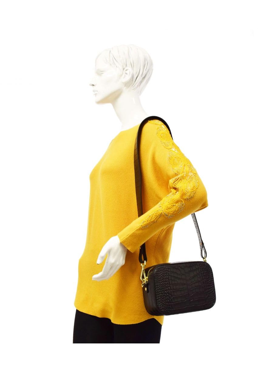 double-tree-sac-bandouli-re-cam-ra-cuir-croco-noir-22-cm image 4