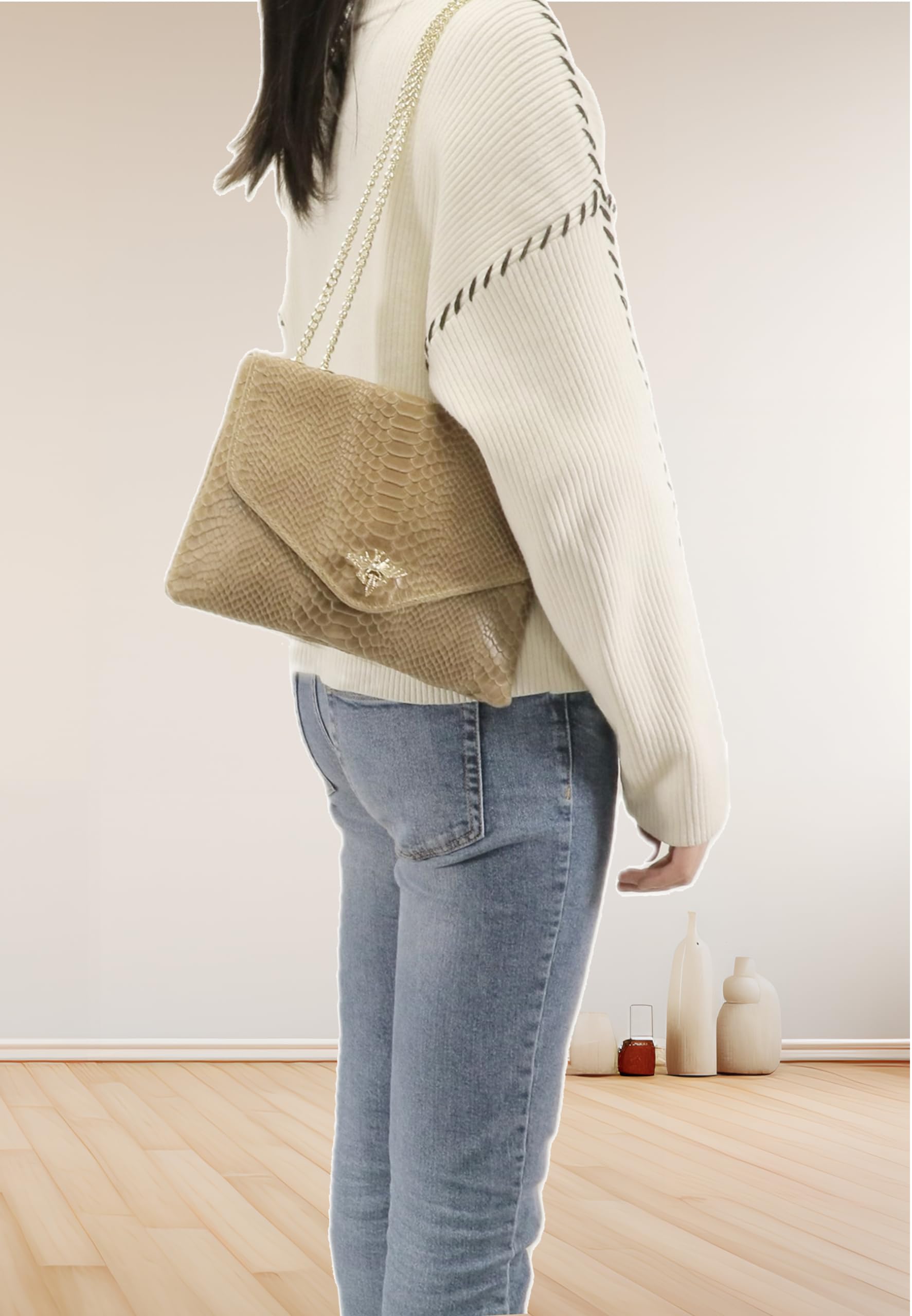 double-tree-sac-bandouli-re-taupe-pochette-cuir-serpent-abeille image 2